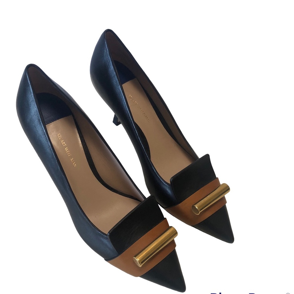 Stuart Weitzman Black Gamma 70 Two Tone Leather Point Toe Heel Pump Size 8.5